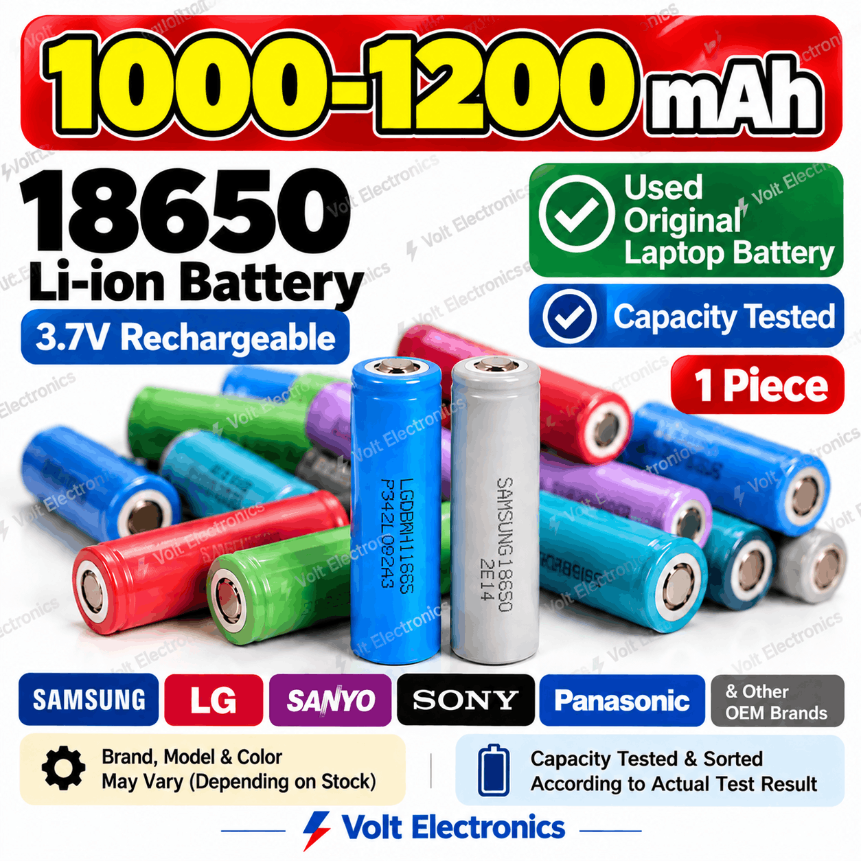 18650 3.7V Battery 1000–1200mAh – Used Original Laptop Li-ion Rechargeable Battery (1 Piece)