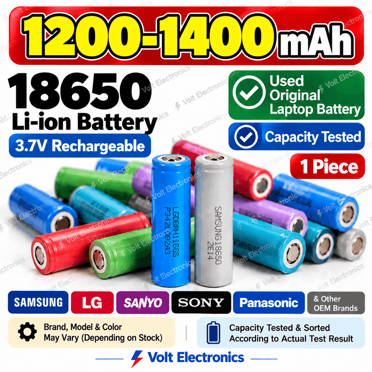 18650 3.7V Battery 1200–1400mAh – Used Original Laptop Li-ion Rechargeable Battery (1 Piece)