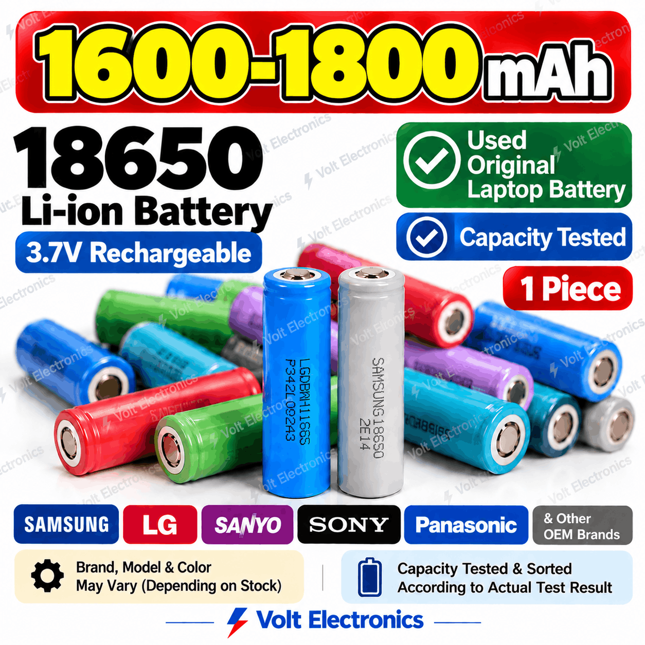 18650 3.7V Battery 1600–1800mAh – Used Original Laptop Li-ion Rechargeable Battery (1 Piece)
