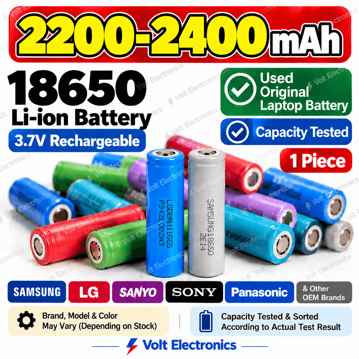 18650 3.7V Battery 2200–2400mAh – Used Original Laptop Li-ion Rechargeable Battery (1 Piece)