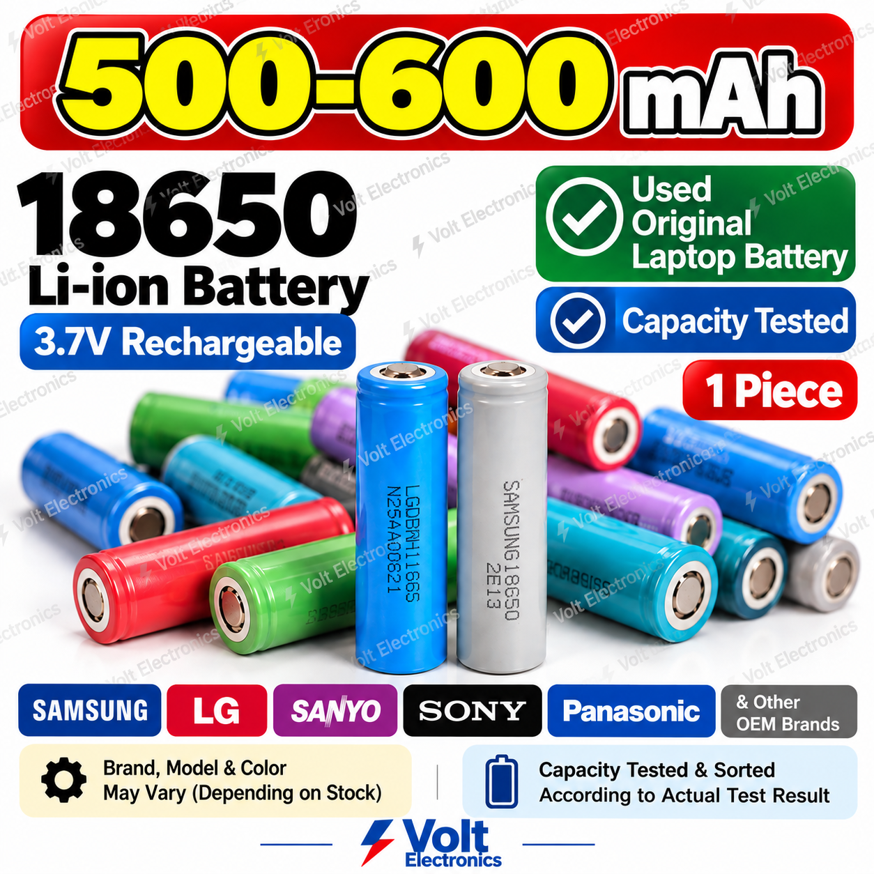 18650 3.7V Battery 500–600mAh – Used Original Laptop Li-ion Rechargeable Battery (1 Piece)