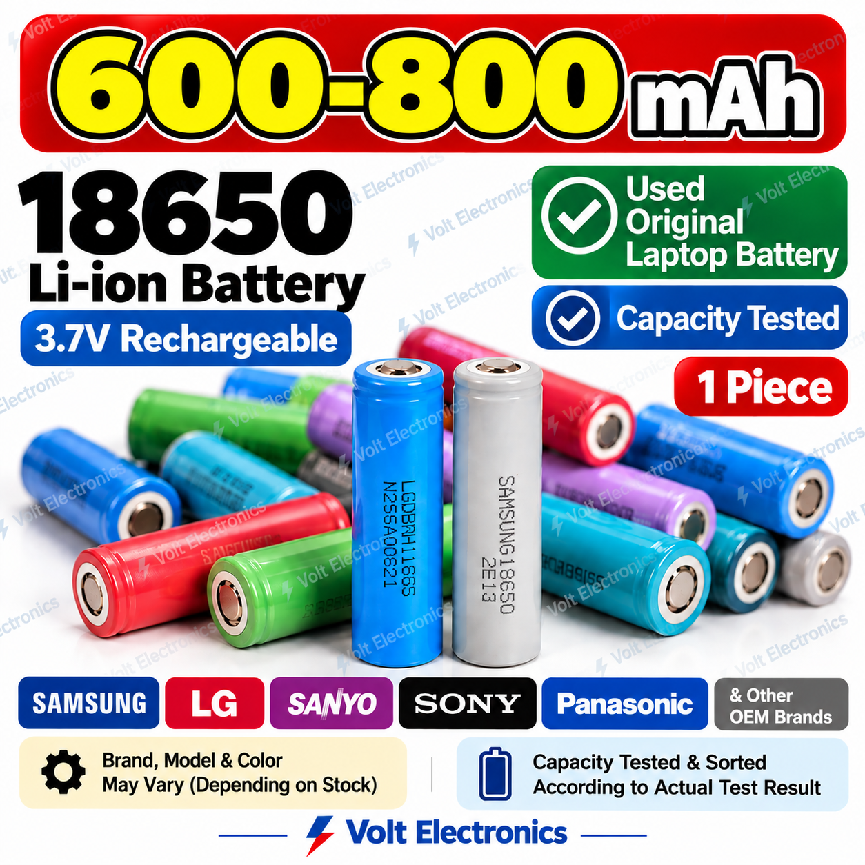 18650 3.7V Battery 600–800mAh – Used Original Laptop Li-ion Rechargeable Battery (1 Piece)