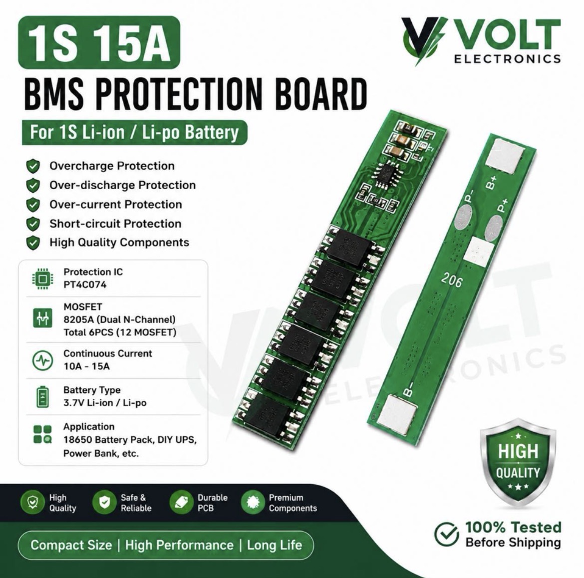 1S 15A BMS for 3.7V Li-ion & Li-Po Battery