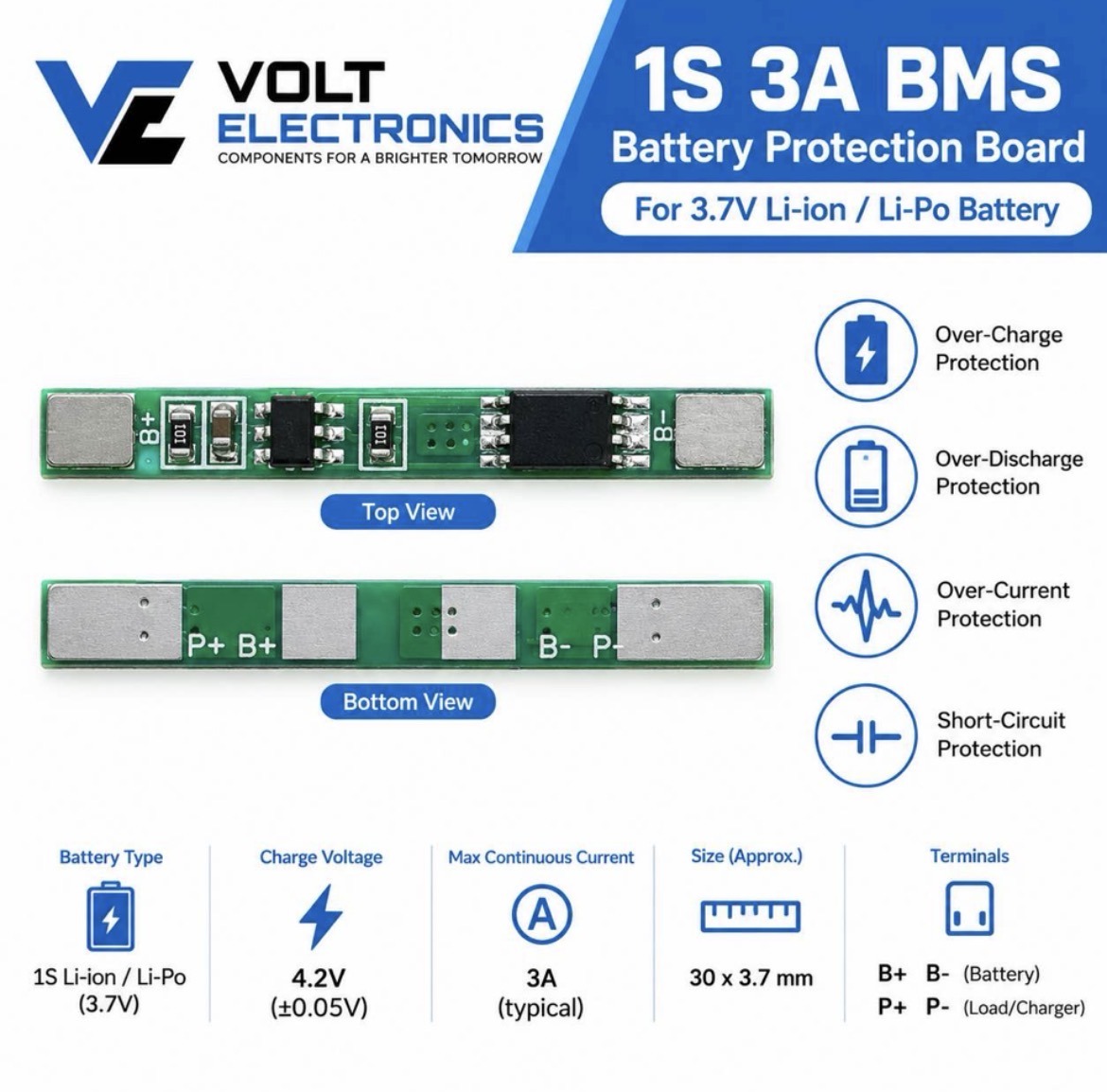 1S 3A BMS Battery Protection Board for 3.7V Li-ion & Li-Po Battery – 4.2V
