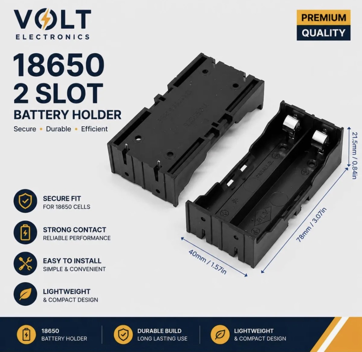 2 Slot 18650 Battery Holder for Li-ion Cells