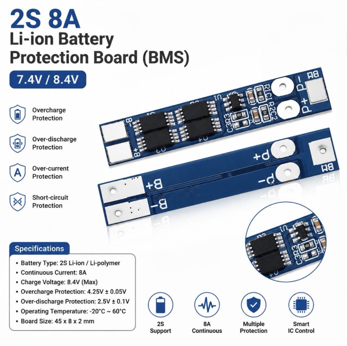 2S 8A Li-ion Battery Protection Board (BMS) – 7.4V/8.4V for 18650 & Li-Polymer Battery Pack