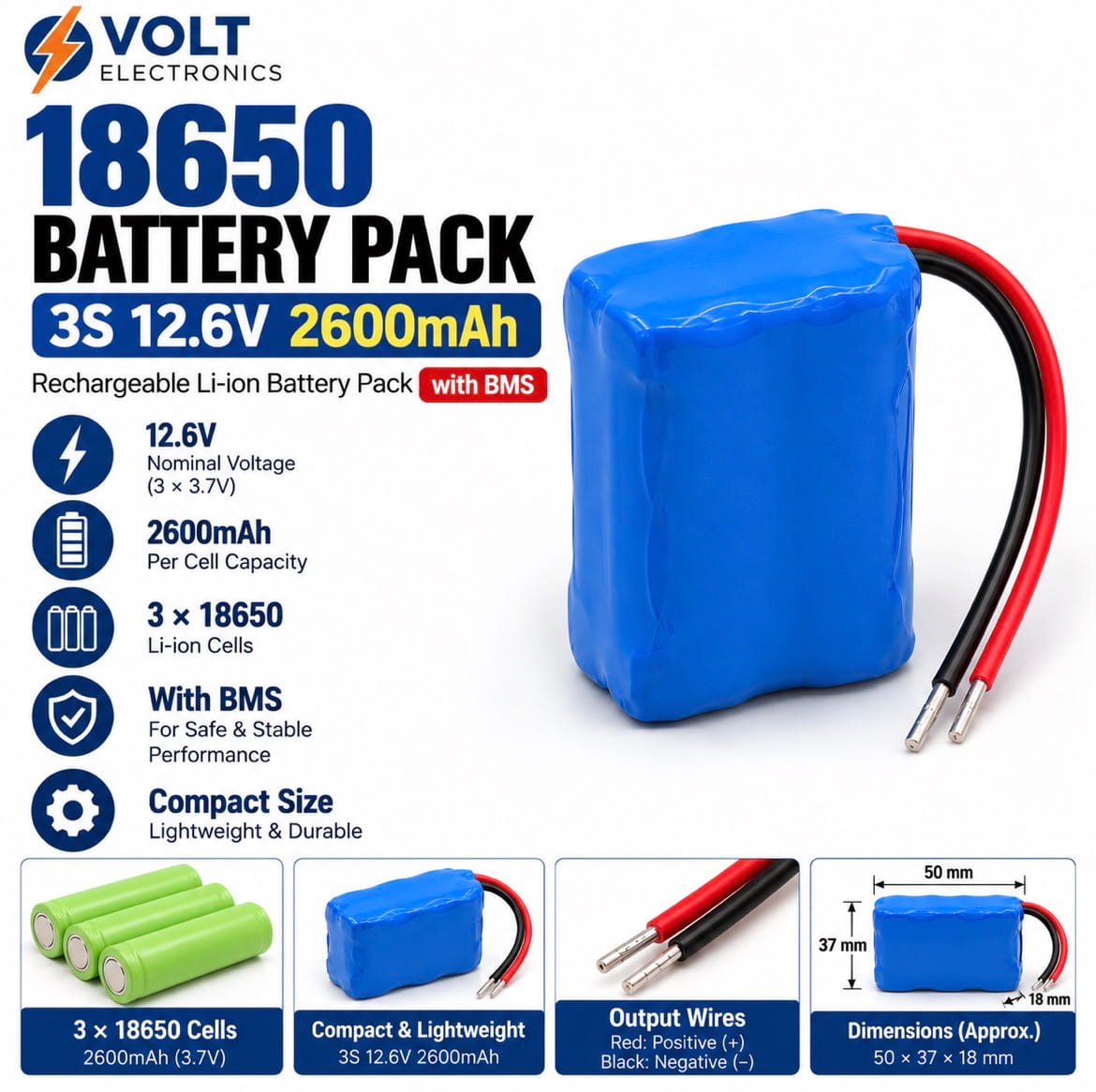 3S 12.6V 2600mAh 18650 Li-ion Battery Pack with BMS