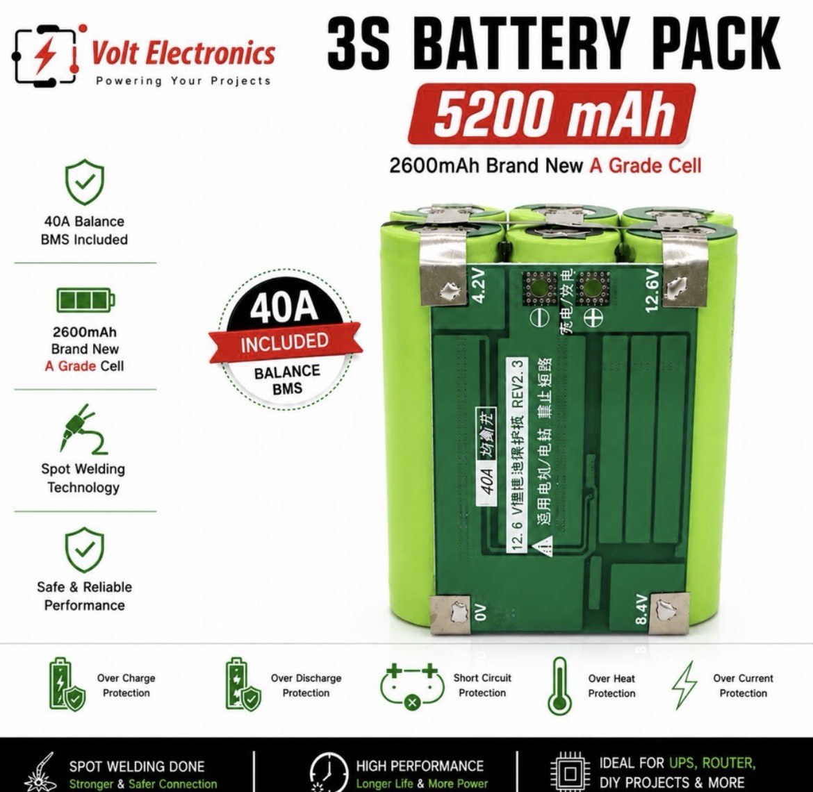 3S 12.6V 5200mAh 18650 Li-ion Battery Pack with 40A Balance BMS