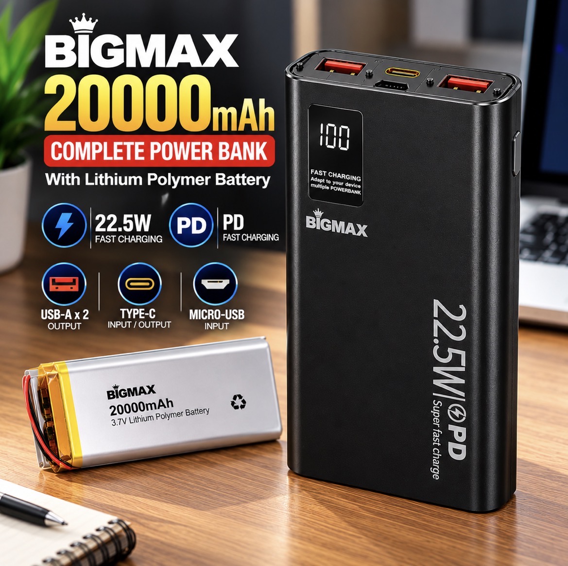 BIGMAX 20000mAh 22.5W PD Fast Charging Power Bank Black