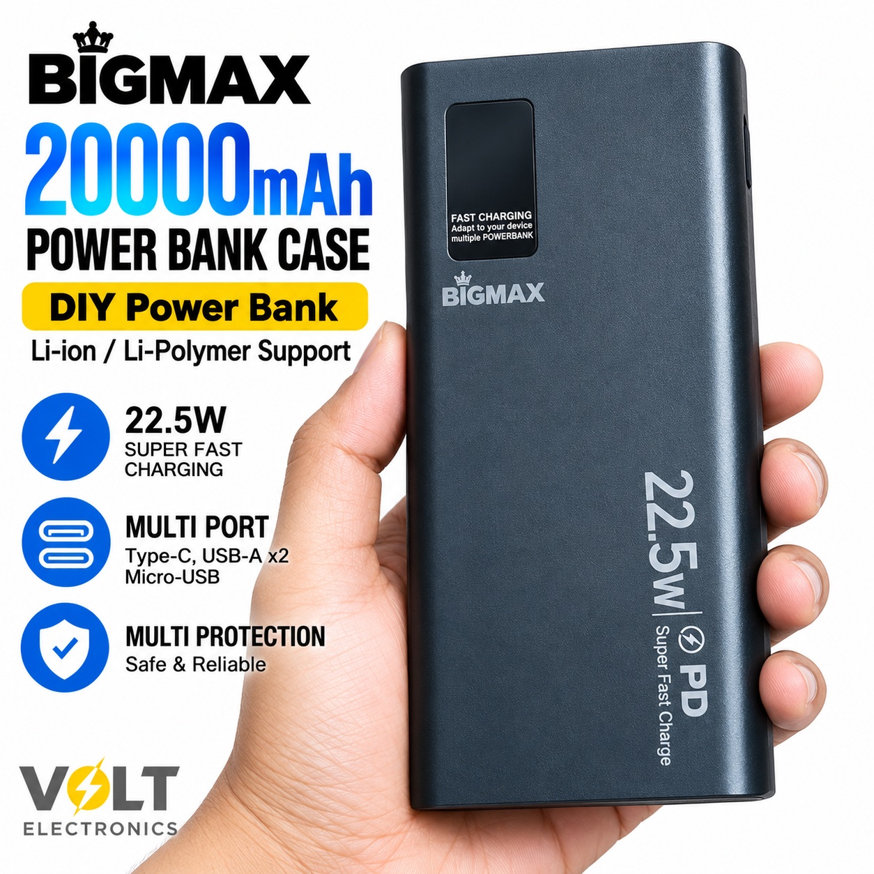 BIGMAX 20000mAh 22.5W PD Fast Charging Power Bank Case Black– No Battery