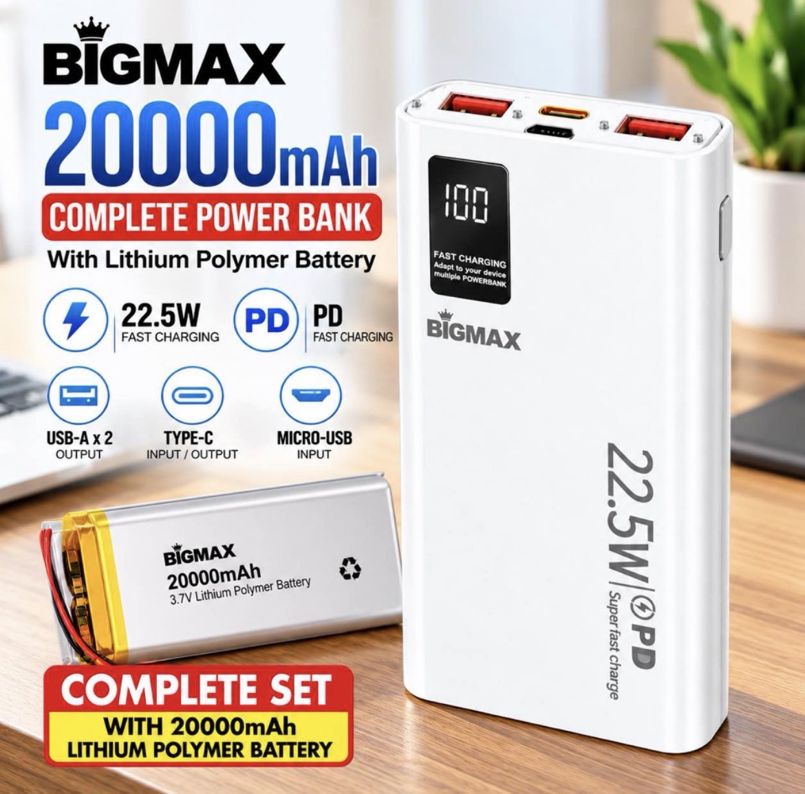 BIGMAX 20000mAh 22.5W PD Fast Charging Power Bank – White
