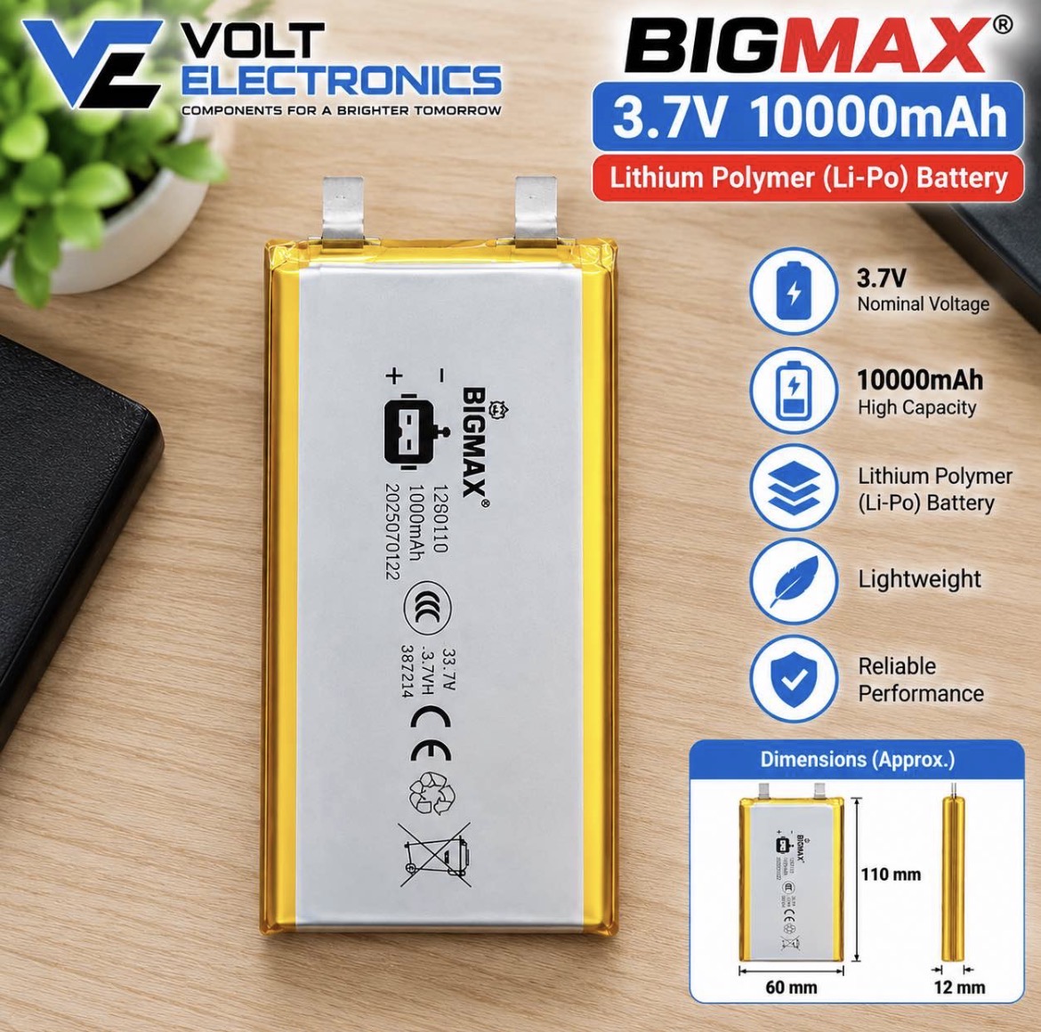 BIGMAX 3.7V 10000mAh Lithium Polymer Li-Po Battery