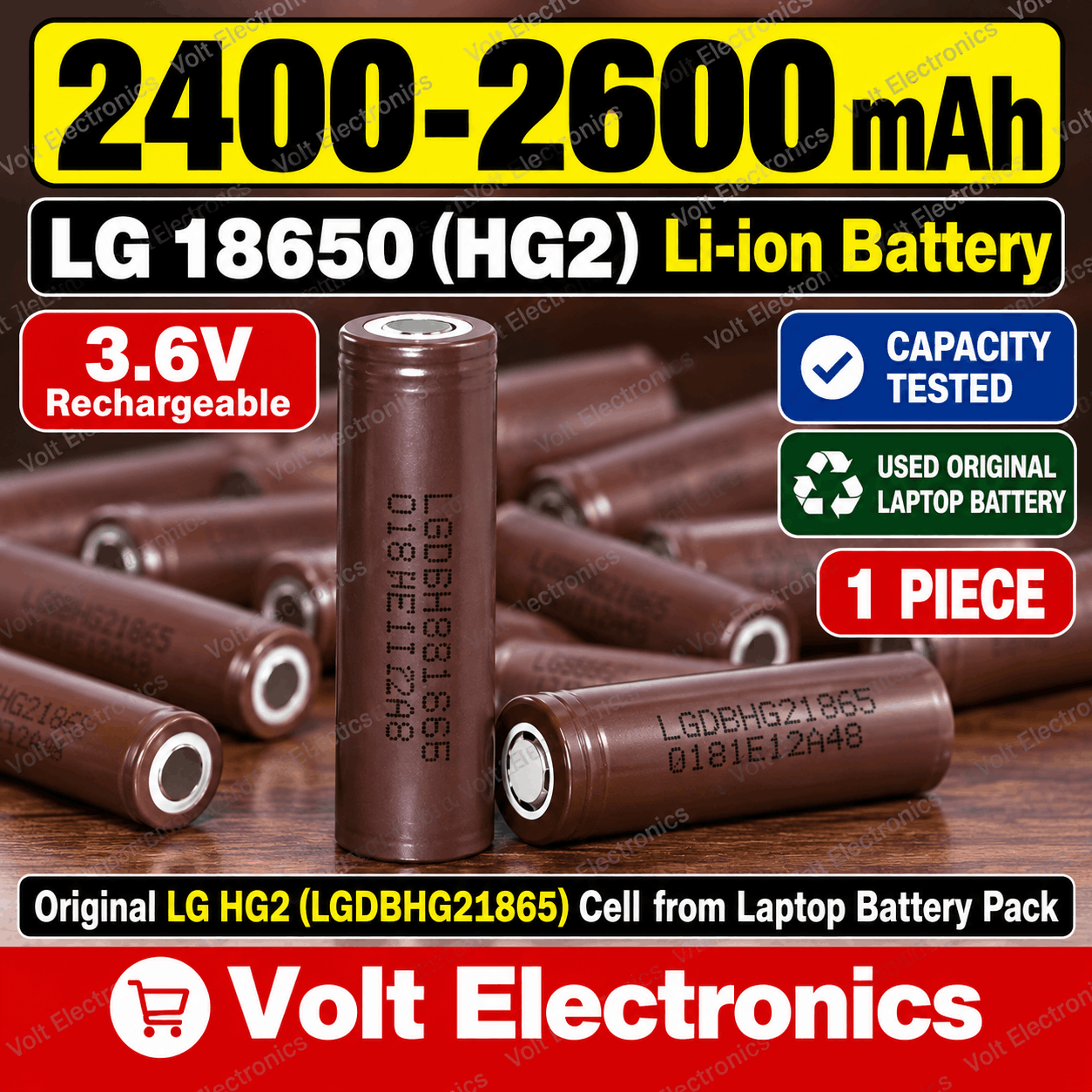 LG 18650 3.6V Battery 2400–2600mAh – Used Original Li-ion Rechargeable Battery (1 Piece)