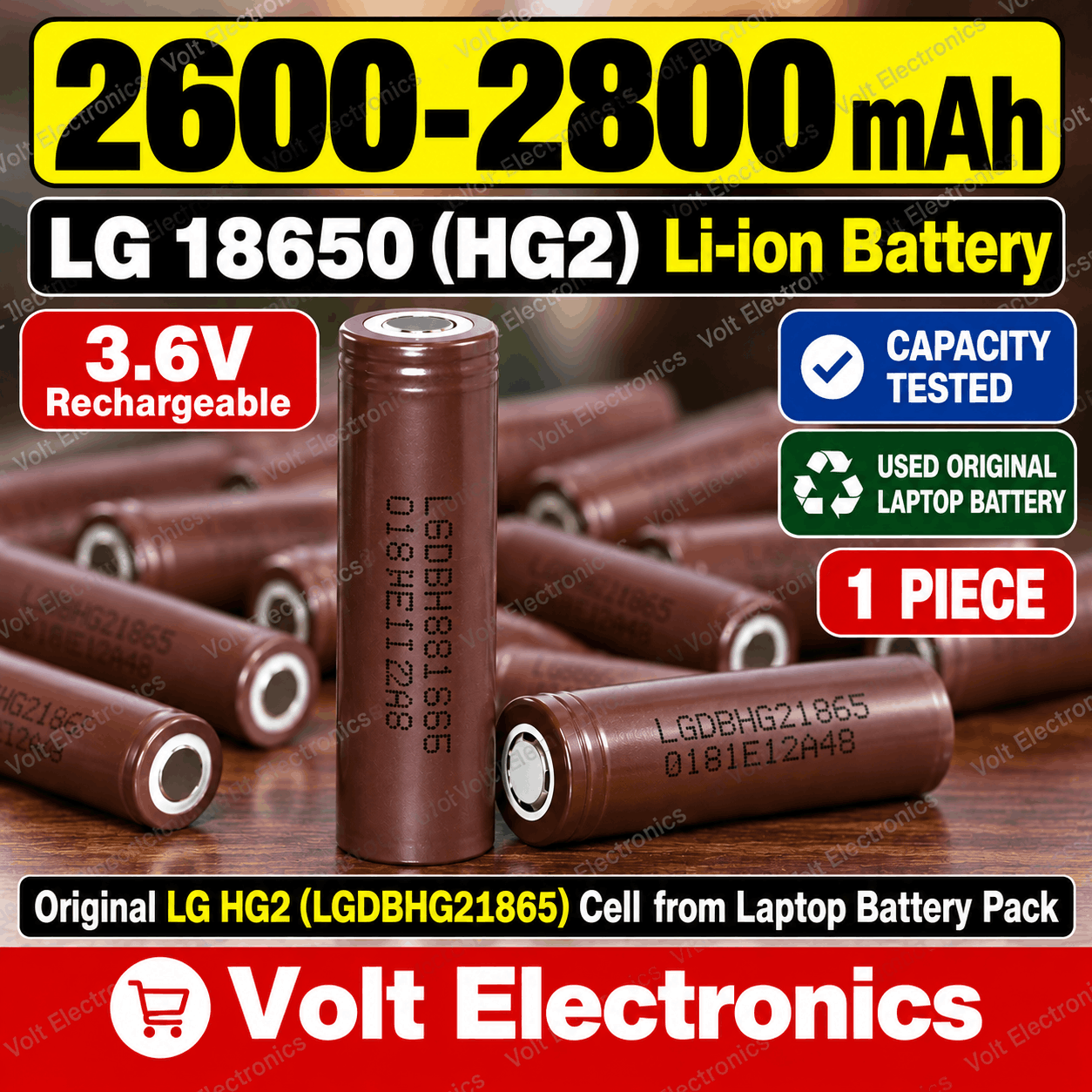 LG 18650 3.6V Battery 2600–2800mAh – Used Original Li-ion Rechargeable Battery (1 Piece)