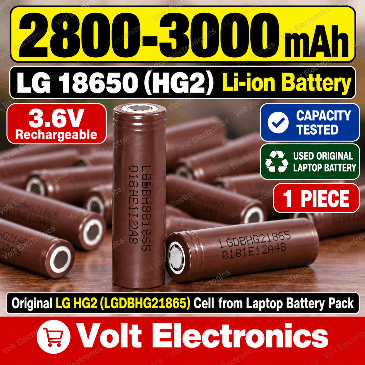 LG 18650 3.6V Battery 2800–3000mAh – Used Original Li-ion Rechargeable Battery (1 Piece)