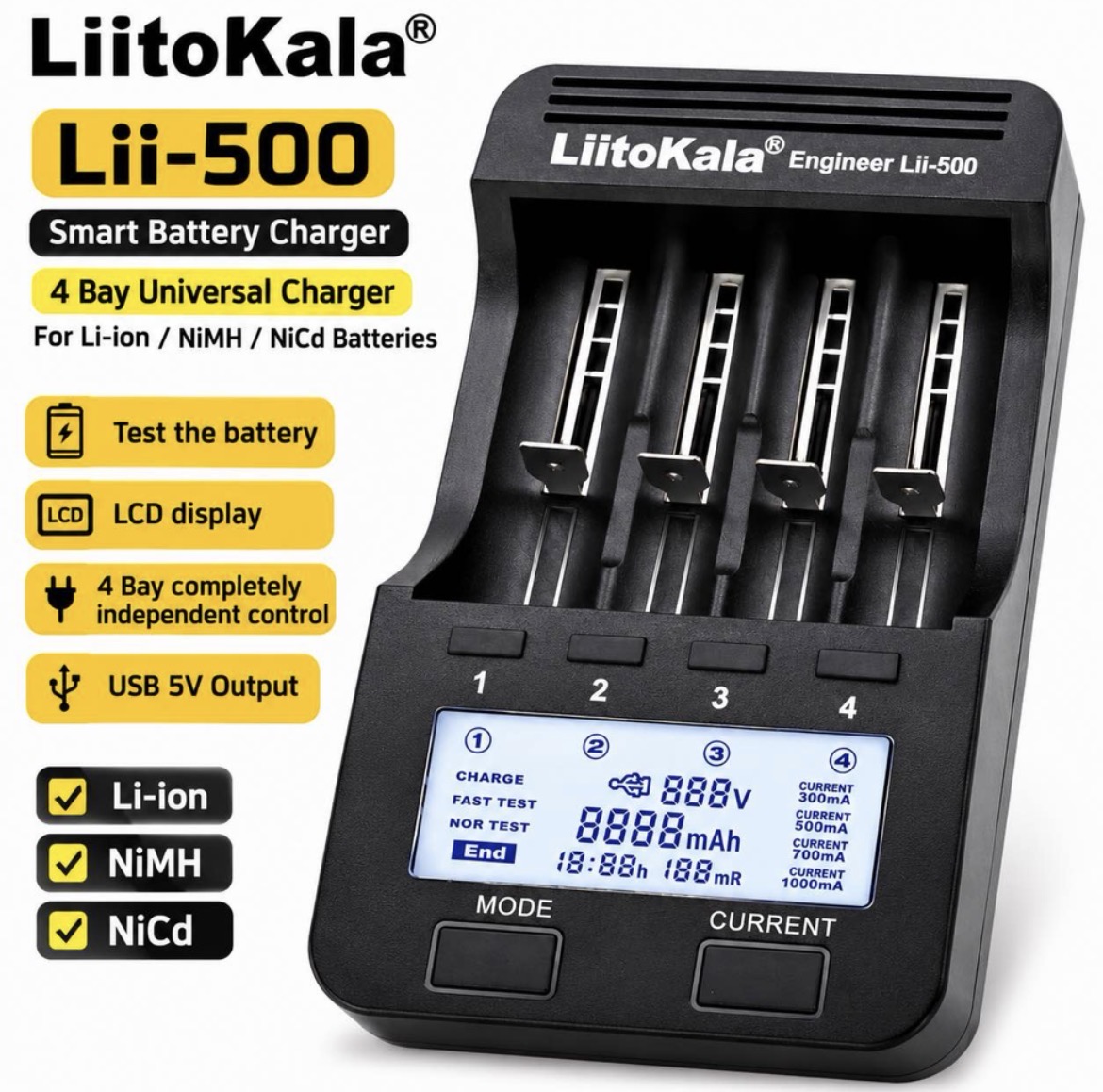 LiitoKala Lii-500 Smart Battery Charger & Capacity Tester – 4 Slot for Li-ion / Ni-MH / Ni-Cd Batteries