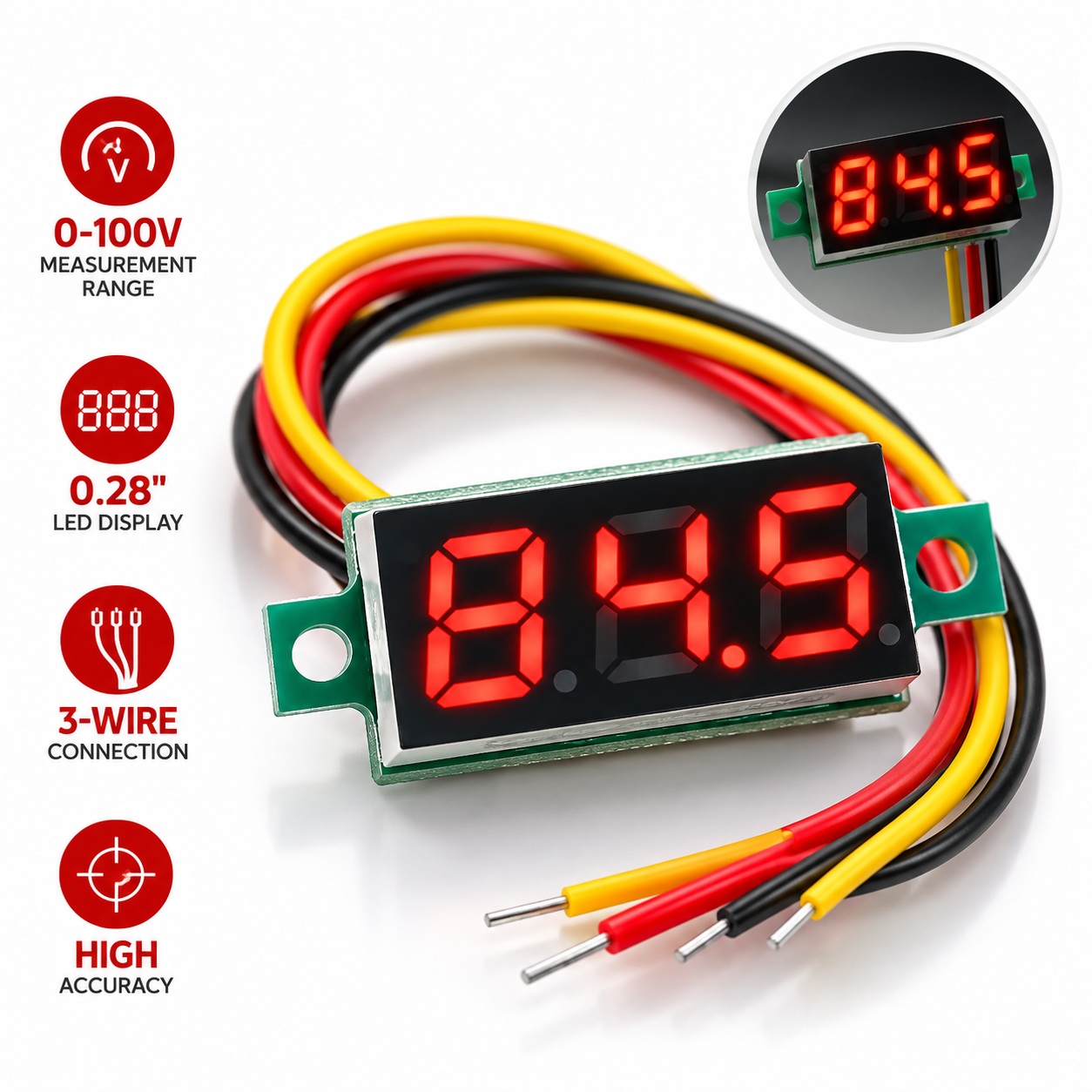 Mini Digital DC Voltmeter 0-100V Red LED – 3 Wire