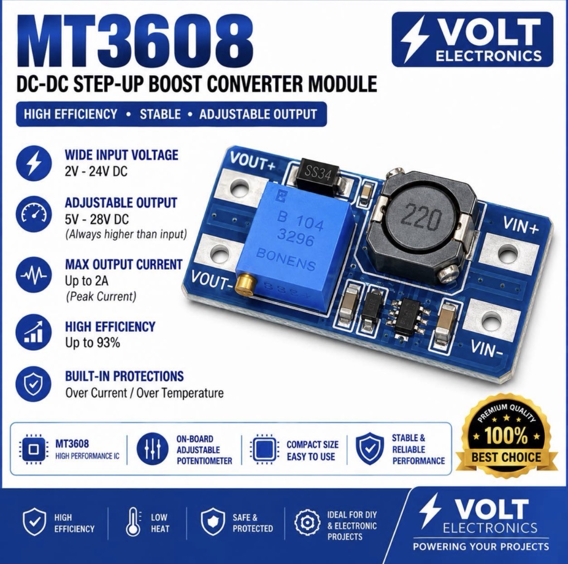 MT3608 DC-DC Step-Up Boost Converter Module – Adjustable Voltage 2V–24V to 5V–28V