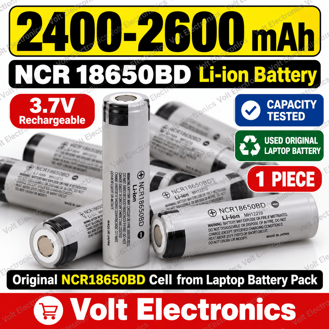 NCR18650 3.7V Battery 2400–2600mAh – Used Original Laptop Li-ion Rechargeable Battery (1 Piece)