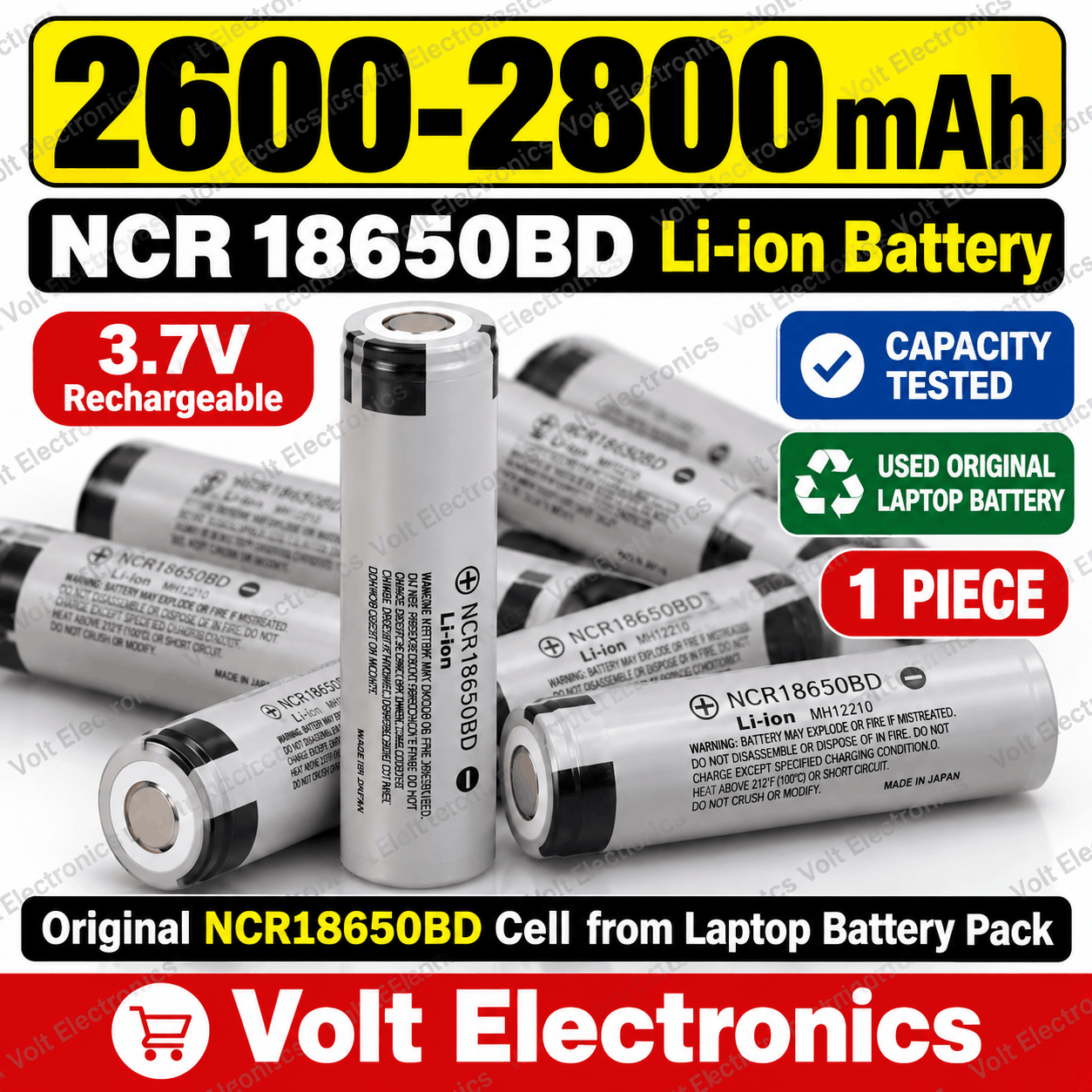 NCR18650 3.7V Battery 2600–2800mAh – Used Original Laptop Li-ion Rechargeable Battery (1 Piece)