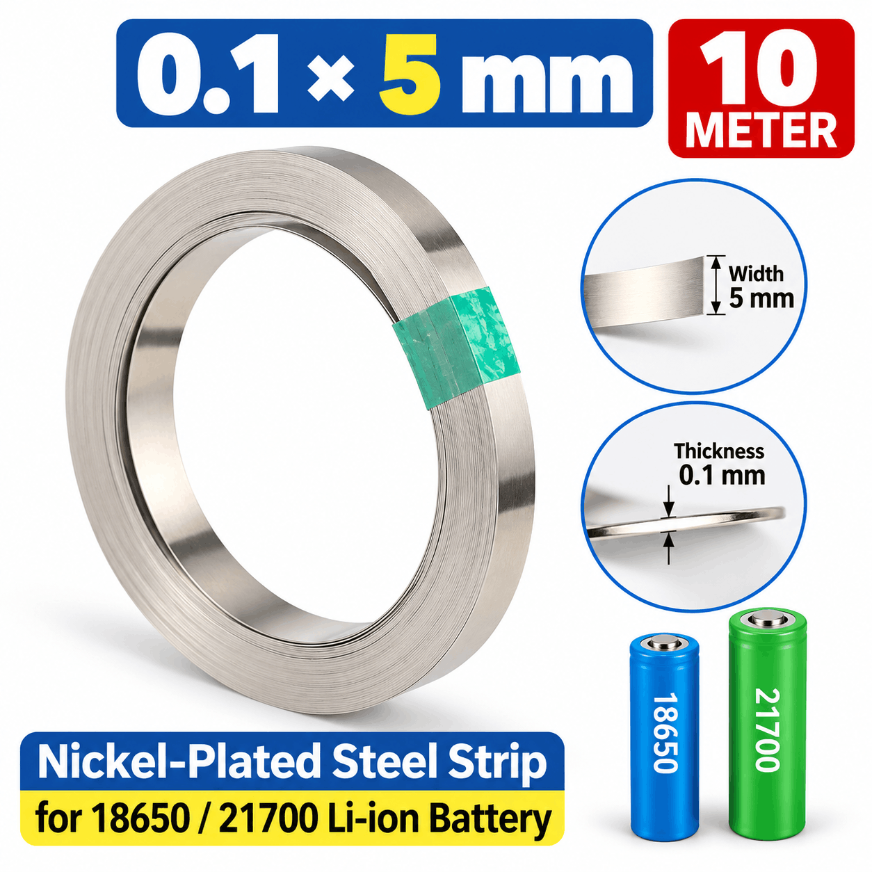 Nickel Strip 0.1×5mm – 10 Meter for 18650/21700 Li-ion Battery Spot Welding