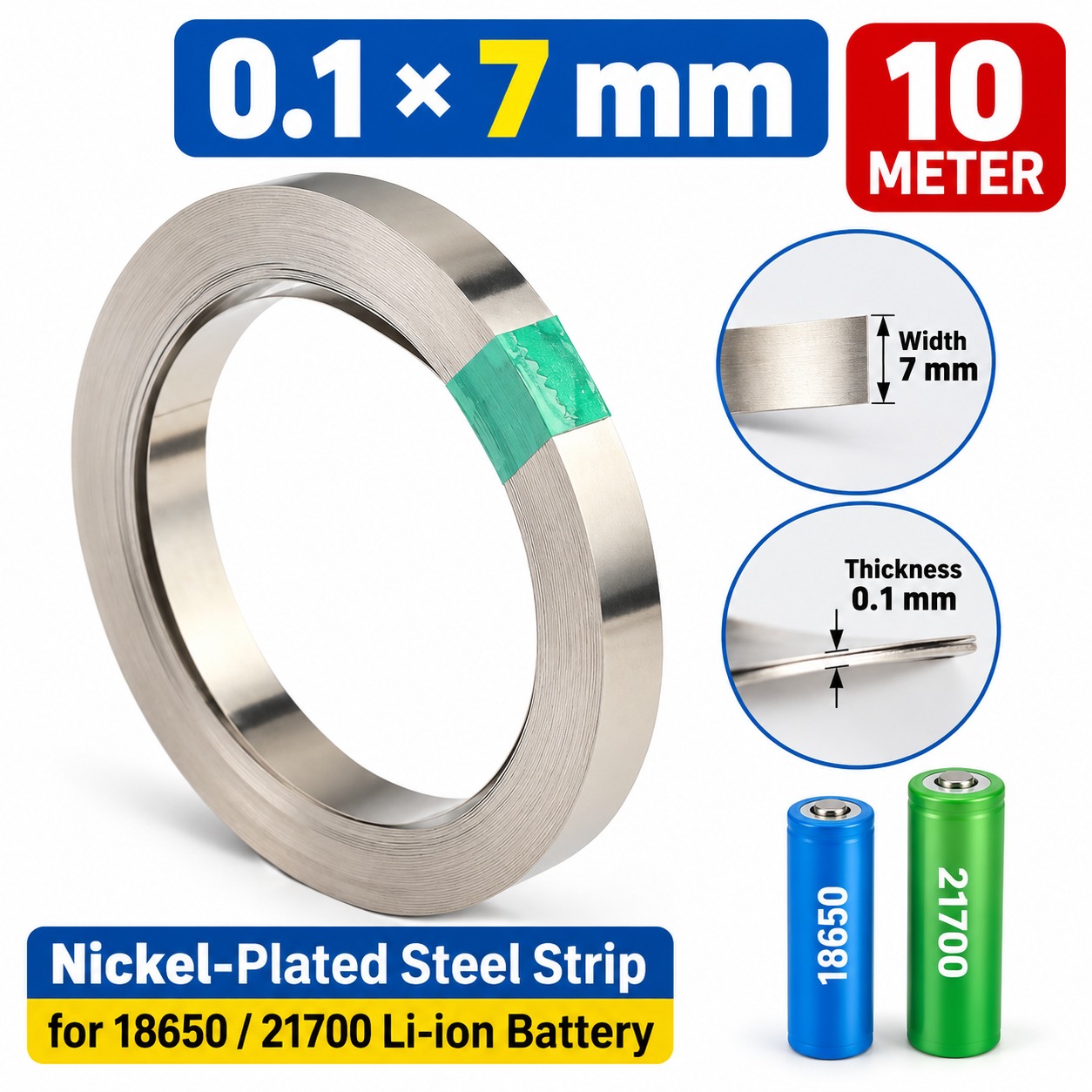 Nickel Strip 0.1×7mm – 10 Meter for 18650/21700 Li-ion Battery Spot Welding
