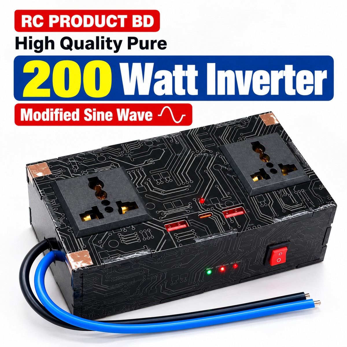 RC Product BD 200W Power Inverter DC 12V to AC 220V – Modified Sine Wave with USB & Type-C Fast Charging