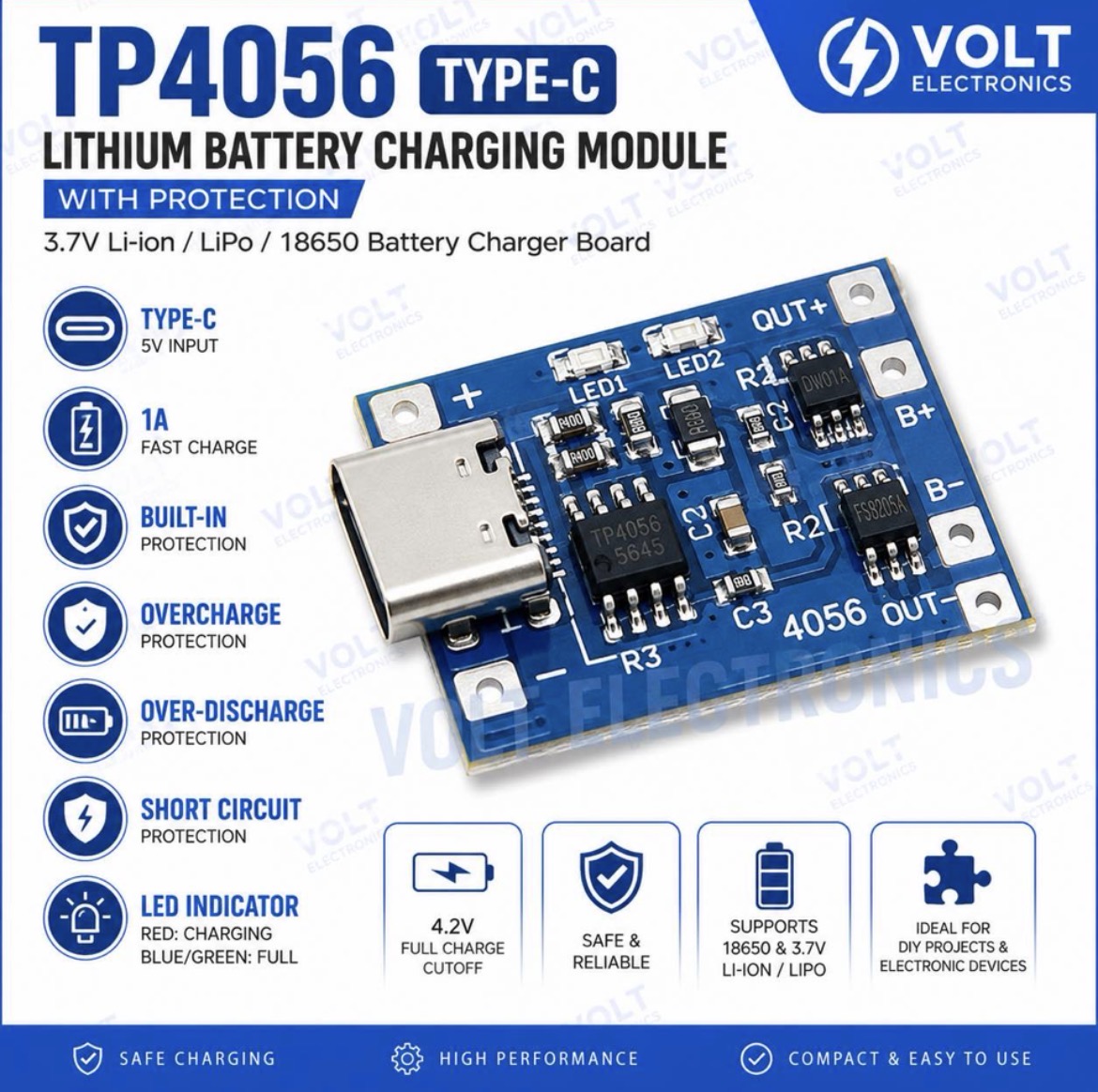 TP4056 Type-C 1A 18650 Lithium Battery Charging Module with Protection