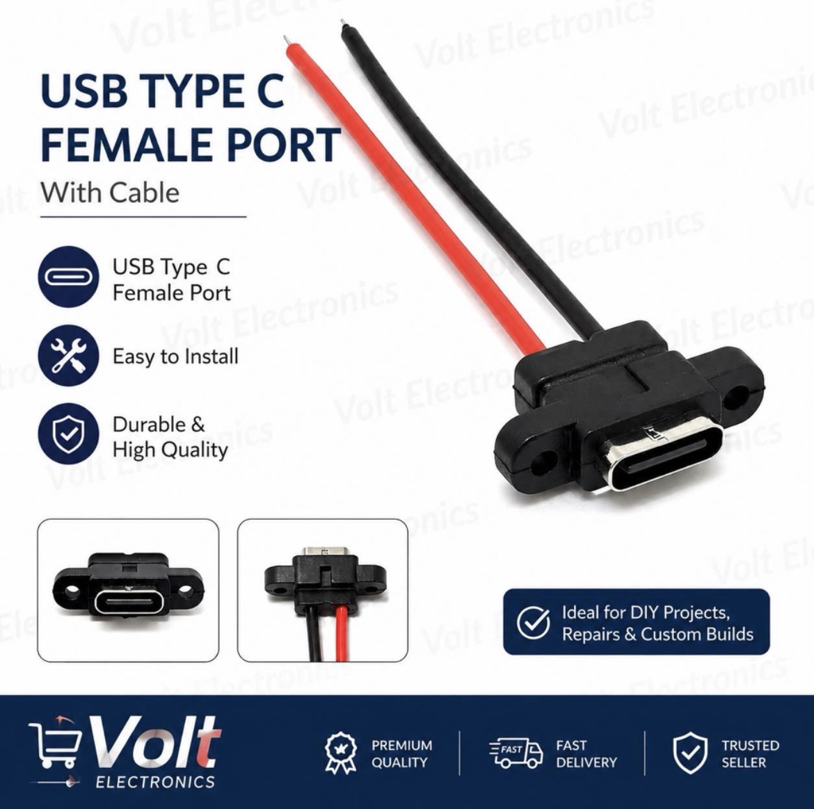 USB Type-C Female Port Socket with Red Black Cable